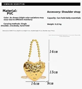 Size chart showing heart-shaped evening bag dimensions with gold beaded handle and chain