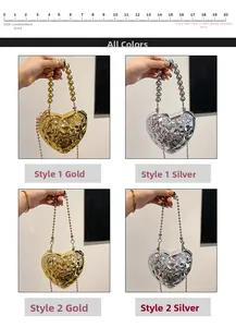 Detailed grid view of silver and gold heart-shaped metallic handbags with chain straps