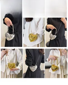 Collage showing various ways to wear the silver heart-shaped metallic crossbody handbag