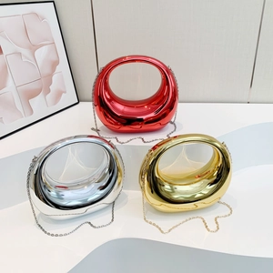 Metallic Mirror Acrylic Hard Shell Evening Bag Hollow Out Crescent Crossbody Handbag With Chain Strap For Women Party