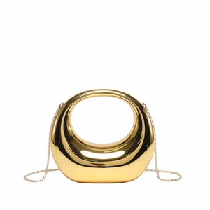 Golden acrylic moon-shaped evening bag with metallic finish and thin chain strap