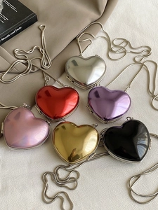 Mini Heart Shaped Crossbody Bag Metallic Mirror Finish Acrylic Hard Shell Chain Strap Tiny Party Purse For Women