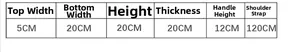 Detailed size chart for triangle dumpling bag with handle and strap measurements
