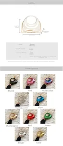 Detailed size chart and multi-color options for acrylic clutch bag with metal chain