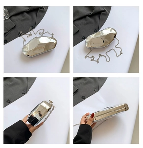 Detailed four-view display of a silver acrylic box clutch with a unique stone-shaped ripple design