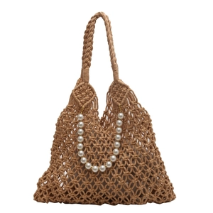 Bohemian mesh woven beach bag in tan with decorative pearl strap for summer vacations
