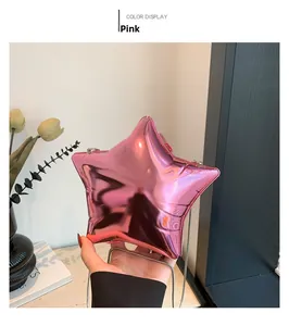 Pink star-shaped acrylic evening bag with metallic finish and silver chain strap