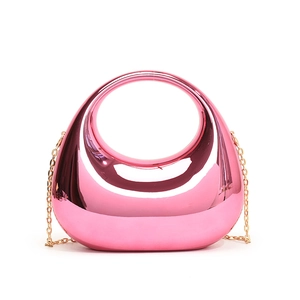 Pink metallic acrylic box clutch with round handle and gold chain strap for women