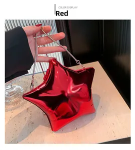 Detail view of red star-shaped acrylic evening bag with metallic finish and silver chain