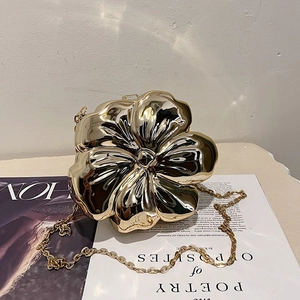 Luxurious gold flower evening clutch bag with metal chain strap for women