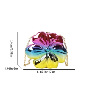 Detailed size guide of flower-shaped evening bag with iridescent metallic finish and chain