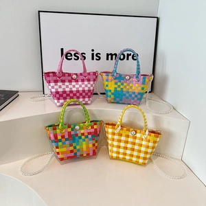 Sac À Main Tissé PVC Damier Mini Tote Bandoulière Künstliche Perle Grande Décoration Künstliche Perle Pour Femmes Été Décontracté Sac À Bandoulière