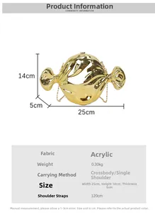 Detailed spec sheet showing acrylic candy clutch bag dimensions and gold chain strap