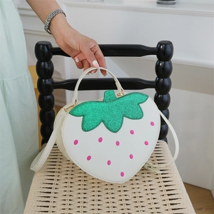 Fashionable white strawberry shaped crossbody handbag with green sequin leaves for women