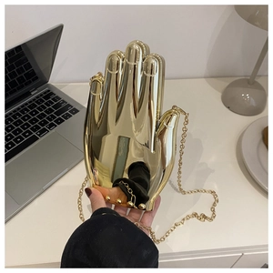 Creative Gold Palm Hand Shaped Clutch Bag Women Acrylic Mirror Finish Evening Party Shoulder Bag With Metal Chain