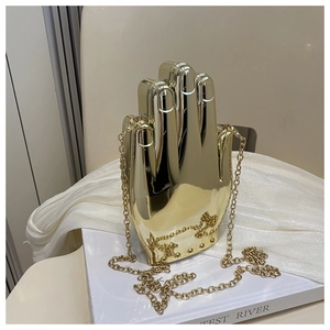 Chic gold palm gesture acrylic clutch bag with metal chain strap and mirrored finish
