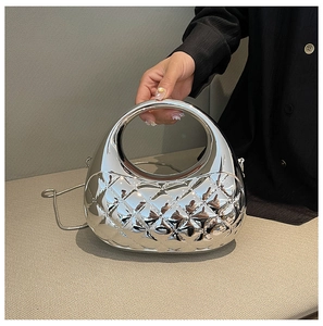 Silver mirror hobo bag with quilted lattice pattern and slim metallic chain strap