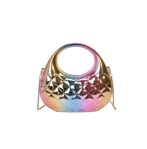 Iridescent quilted rainbow clutch bag featuring a metallic shell and gold chain strap
