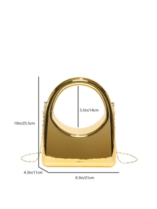 Golden acrylic evening bag showing geometric structure and dimensions of 21x25.5x11cm
