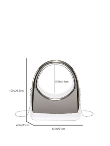 Silver acrylic evening clutch bag dimensions 25.5cm height with metal chain and ring handle
