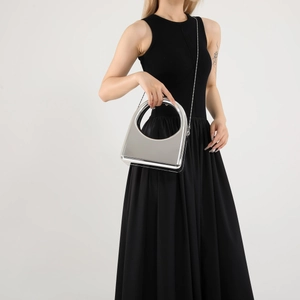 Silver mirror acrylic evening bag with minimalist circular handle and chain strap