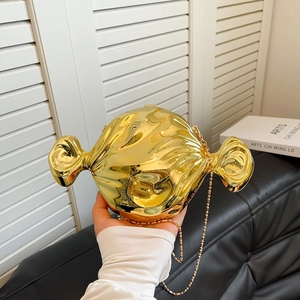 Fashionable gold candy-shaped hard case evening bag with metallic chain strap for women