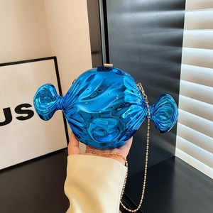 Chic blue candy-shaped evening clutch bag with metallic ripple texture and gold chain