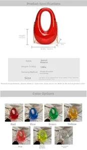 Detail showing dimension specifications and colorful acrylic evening bags with chain