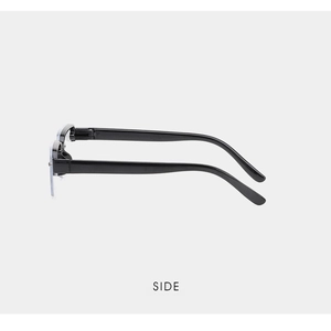 Seitenansicht der mattschwarzen Halbrahmen-Lesebrille mit stromlinienförmigen Bügeln