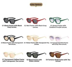 Collection of nine colorful retro oval sunglasses with various frames and tinted lenses