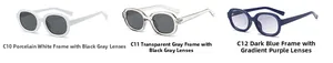 Oval sunglasses in white, translucent grey, and dark blue with gradient purple lenses