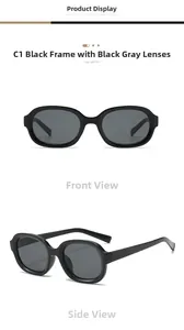 Front and side view of classic oval plastic sunglasses in C1 black frame with grey lenses
