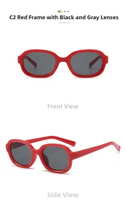 Detail view of red oval sunglasses with dark grey lenses in front and side perspectives