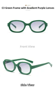 Detail view of oval C3 green frame sunglasses with purple gradient lenses from two angles