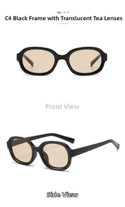 Retro oval sunglasses C4 black frame with transparent tea lenses front and side view