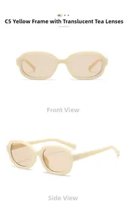 Dual view of beige oval sunglasses with transparent tea lenses showing front and side profile