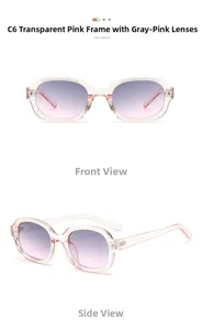 Front and side views of oval transparent pink sunglasses with grey-pink gradient lenses