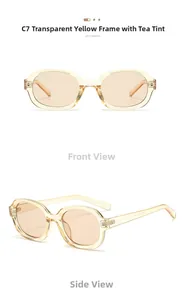 Detail view of transparent yellow oval sunglasses with tea lenses and sturdy frames