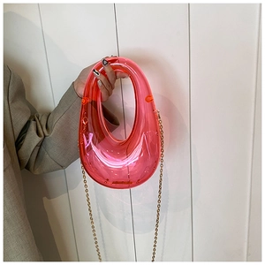 Detailed shot of transparent pink acrylic evening bag with gold chain and cutout handle