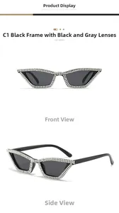 Détail de lunettes de soleil œil de chat avec strass sur monture noire et verres gris