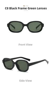 Front and side view of retro oval sunglasses with black frames and dark green lenses