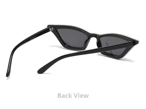 Vue détaillée des lunettes œil de chat à strass montrant l'intérieur de la branche