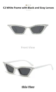 Détail de lunettes œil-de-chat blanches avec bords en strass et verres gris foncé