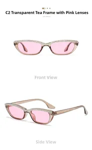 Lunettes de soleil œil de chat, monture thé brun, verres roses et strass fins