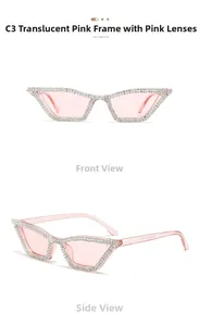Détail de lunettes de soleil œil de chat roses avec strass et monture rose transparente