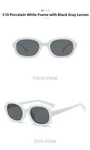 Detailed front and side views of porcelain white oval frame sunglasses with dark grey lenses