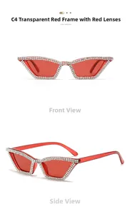 Détail des lunettes œil-de-chat rouges avec strass blancs et verres rouges transparents