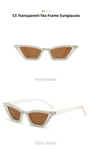 Détail de lunettes de soleil œil de chat de luxe avec monture thé et strass brillants