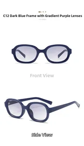 Front and side view of oval plastic sunglasses in dark blue frame with purple gradient lenses