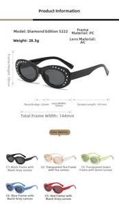 Detailed dimensions of oval rhinestone sunglasses 5222 with frame and lens size measurements